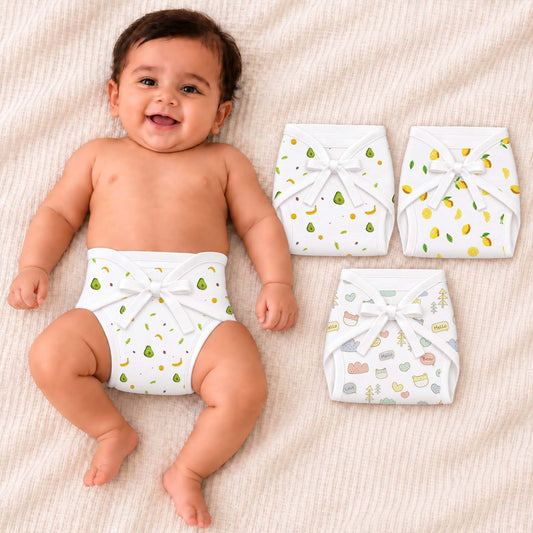 Printed Cushioned Nappies Combo | Organic Cotton Nappies For New Born Baby | 0-6 Months | Joyworld, Lemon, Avocado | Pack of 3