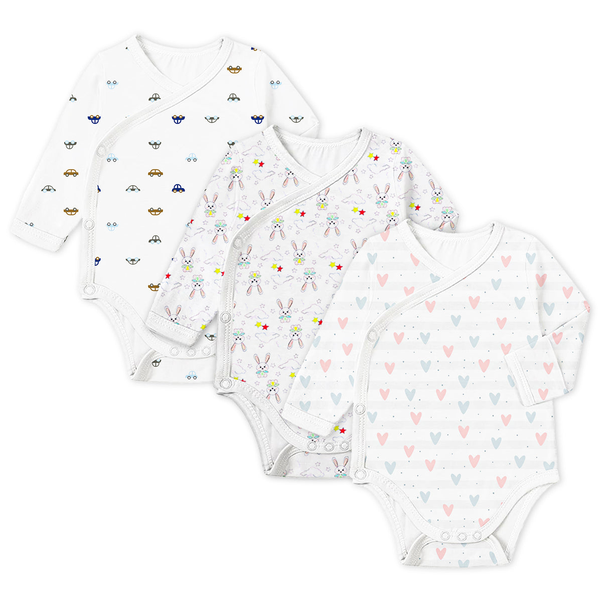 Organic Cotton Front Open Kimono Onesie For New Born Baby | Little Heart, Bunny & Car | Pack of 3