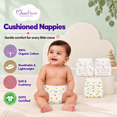Printed Cushioned Nappies Combo | Organic Cotton Nappies For New Born Baby | 0-6 Months | Heart, Lemon, Bunny | Pack of 3