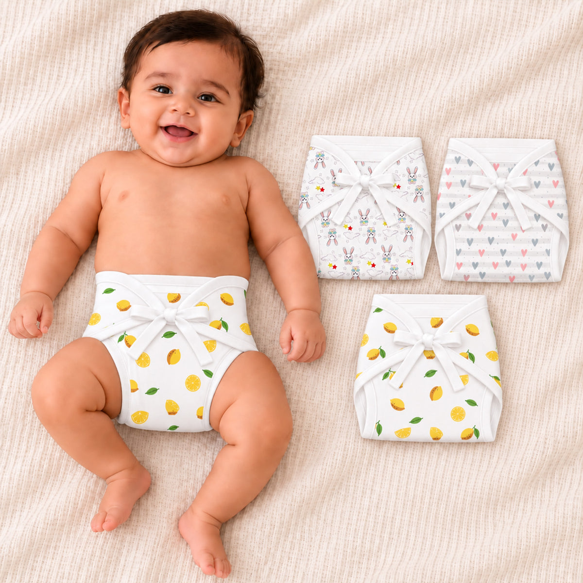 Printed Cushioned Nappies Combo | Organic Cotton Nappies For New Born Baby | 0-6 Months | Heart, Lemon, Bunny | Pack of 3