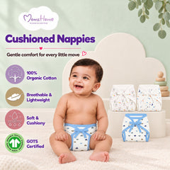 Printed Cushioned Nappies Combo | Organic Cotton Nappies For New Born Baby | 0-6 Months | Mixed Design | Pack of 3