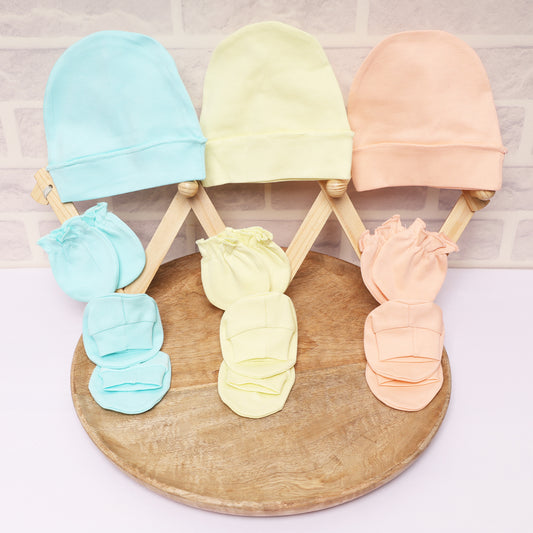 New Born Baby Cap Mitten Bootie Set | 0-3 Months | Mixed Color | Pack of 3
