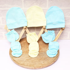 New Born Baby Cap Mitten Bootie Set | 0-3 Months | Yellow & Blue | Pack of 2