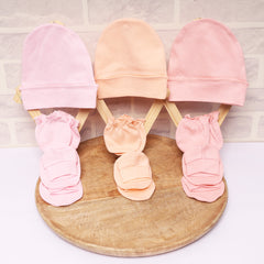New Born Baby Cap Mitten Bootie Set | 0-3 Months | Pink, Peach | Pack of 2