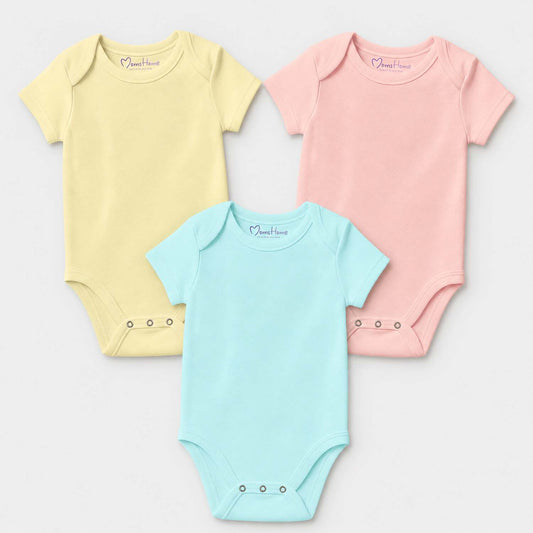 New Born Baby Organic Cotton Half Sleeves Onesie | New Born Baby Clothes | Baby Half Sleeve Cotton Sleepsuits | Yellow, Green, Peach | Pack of 3