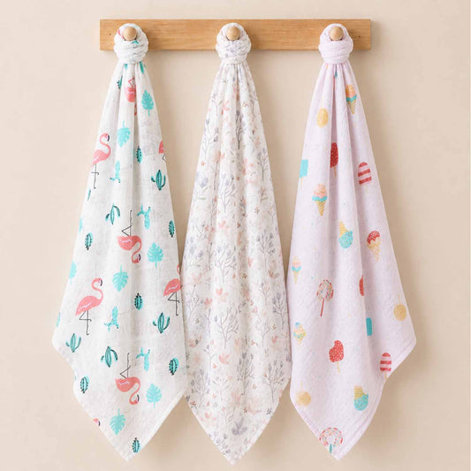 Organic Cotton Baby Muslin Cloth Swaddle | 0-12 Months | 100x100 CM | Flamingo, Blossom, Icecream | Pack of 3