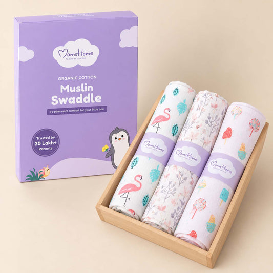 Organic Cotton Baby Muslin Cloth Swaddle | 0-12 Months | 100x100 CM | Flamingo, Blossom, Icecream | Pack of 3