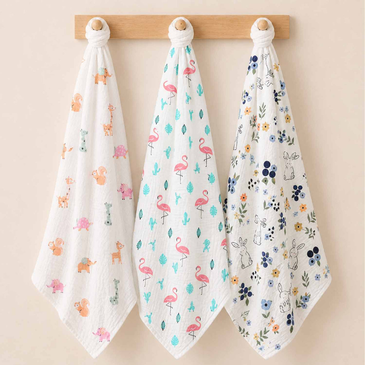 Baby Swaddle Wrap Organic Muslin cotton - 100x100 cm - Pack of 3 -Cute Jungle, Flamingo, Flower