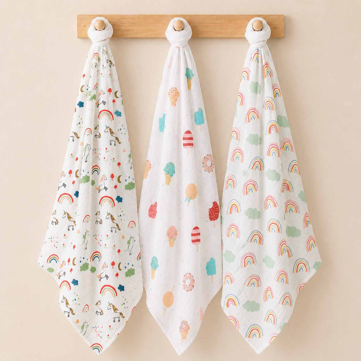 Organic Cotton Baby Muslin Cloth Swaddle | 0-12 Months | 100x100 CM | Rainbow, Unicorn, Icecream | Pack of 3