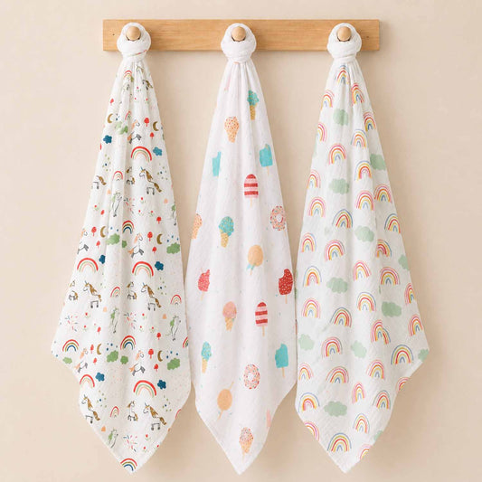 Organic Cotton Baby Muslin Cloth Swaddle | 0-12 Months | 100x100 CM | Rainbow, Unicorn, Icecream | Pack of 3