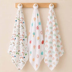 Organic Cotton Baby Muslin Cloth Swaddle | 0-12 Months | 100x100 CM | Rainbow, Unicorn, Icecream | Pack of 3