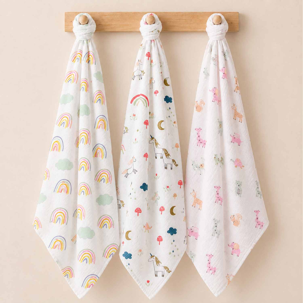 Organic Cotton Baby Muslin Cloth Swaddle | 0-12 Months | 100x100 CM | Rainbow, Unicorn, Cute Jungle | Pack of 3