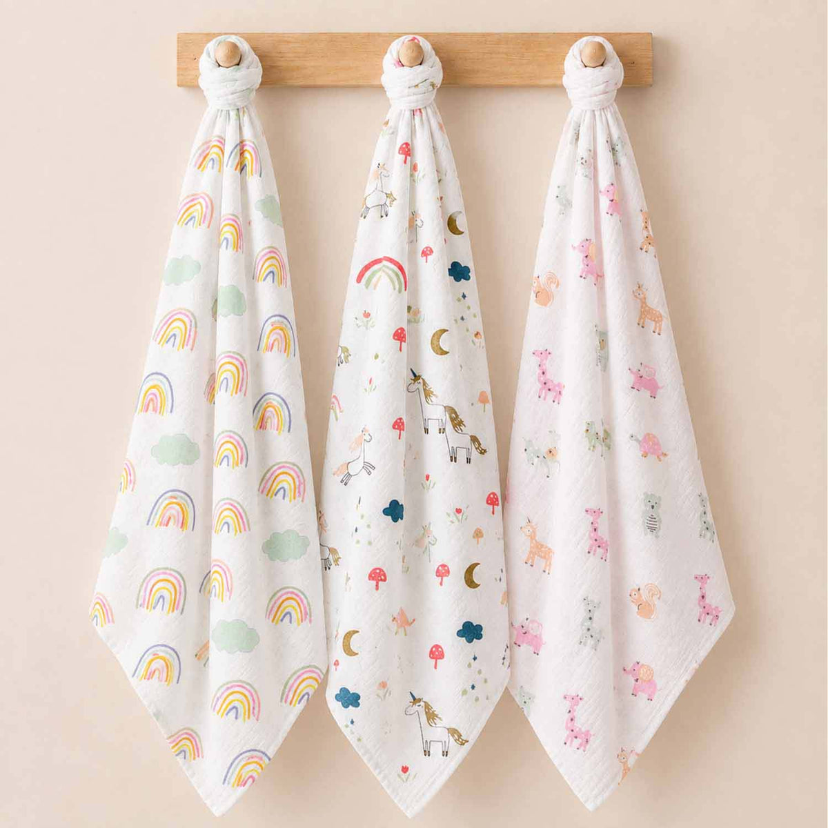 Organic Cotton Baby Muslin Cloth Swaddle | 0-12 Months | 100x100 CM | Rainbow, Unicorn, Cute Jungle | Pack of 3