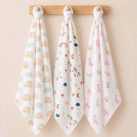 Organic Cotton Baby Muslin Cloth Swaddle | 0-12 Months | 100x100 CM | Rainbow, Unicorn, Cute Jungle | Pack of 3