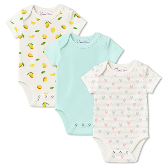 Organic Cotton Baby Half Sleeve Onesie | Lemon, Green & Little Heart | Pack of 3