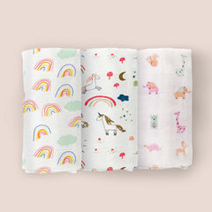 Organic Cotton Baby Muslin Cloth Swaddle | 0-12 Months | 100x100 CM | Rainbow, Unicorn, Cute Jungle | Pack of 3
