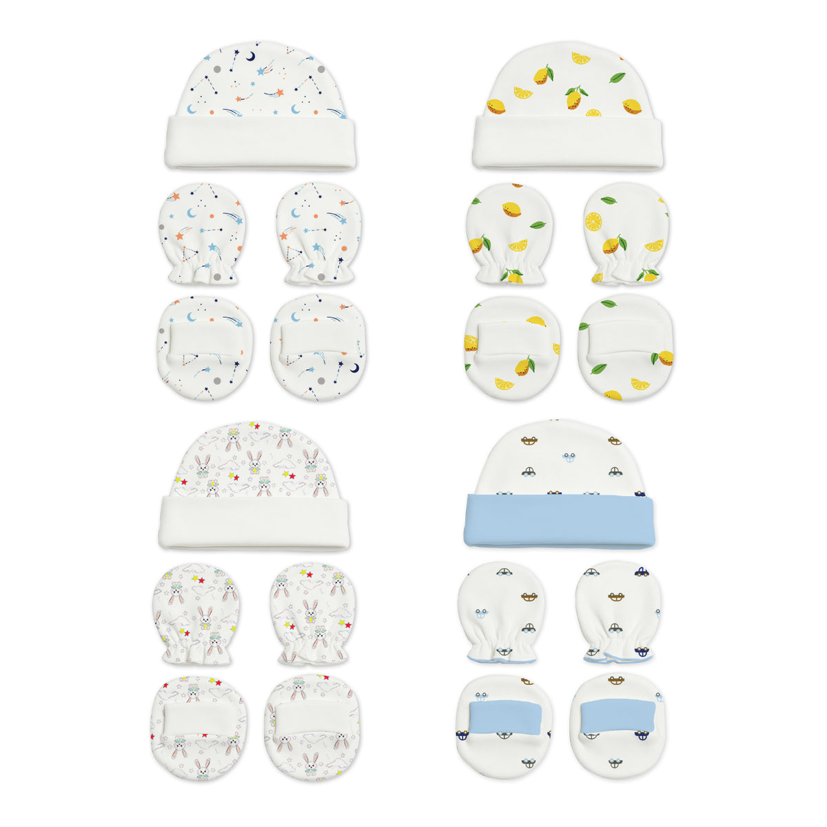 Designer Cap Mitten Bootie Set For New Born Baby | 0-3 Months | Little Hearts, Galaxy, Car, Lemon | Pack of 4