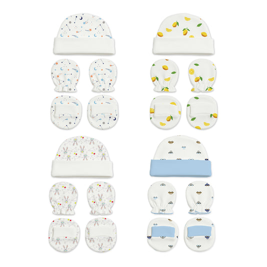 Designer Cap Mitten Bootie Set For New Born Baby | 0-3 Months | Little Hearts, Galaxy, Car, Lemon | Pack of 4