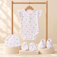 Organic Cotton Newborn Baby Clothing Set | Baby Shower Gift Hamper | Frill Onesie & Cap, Mittens, Botties Set | 0-6 Months | Pack of 4