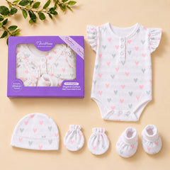 Organic Cotton Newborn Baby Clothing Set | Baby Shower Gift Hamper | Frill Onesie & Cap, Mittens, Botties Set | 0-6 Months | Pack of 4