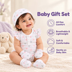 Organic Cotton Newborn Baby Clothing Set | Baby Shower Gift Hamper | Frill Onesie & Cap, Mittens, Botties Set | 0-6 Months | Pack of 4