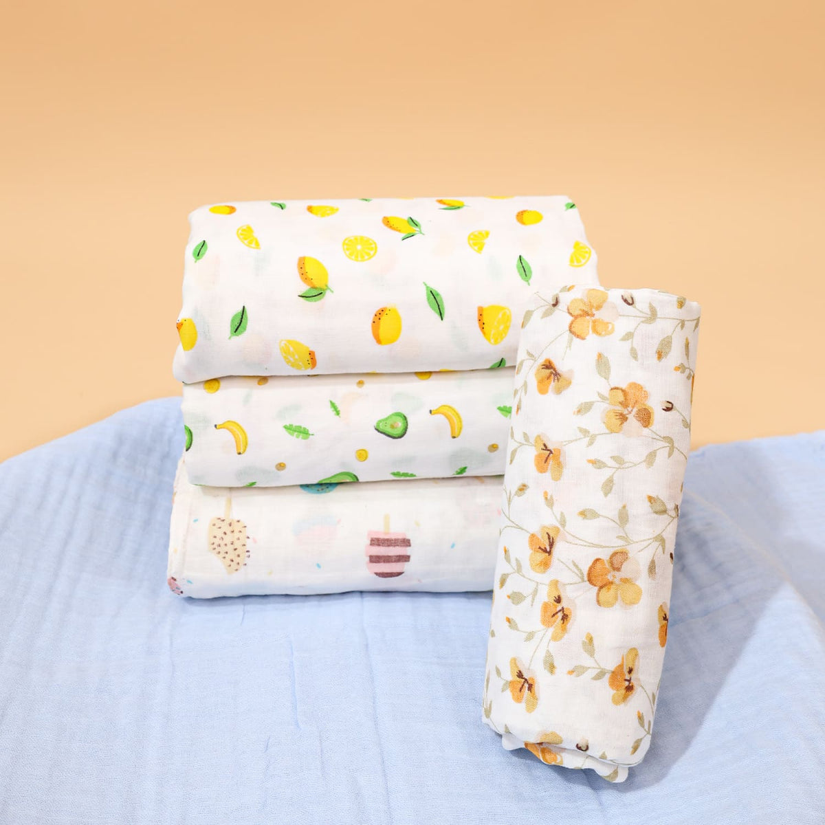 Organic Cotton Baby Muslin Cloth Swaddle | 0-12 Months | 100x100 CM | Lemon, Avocado, Icecream, Bloom | Pack of 4