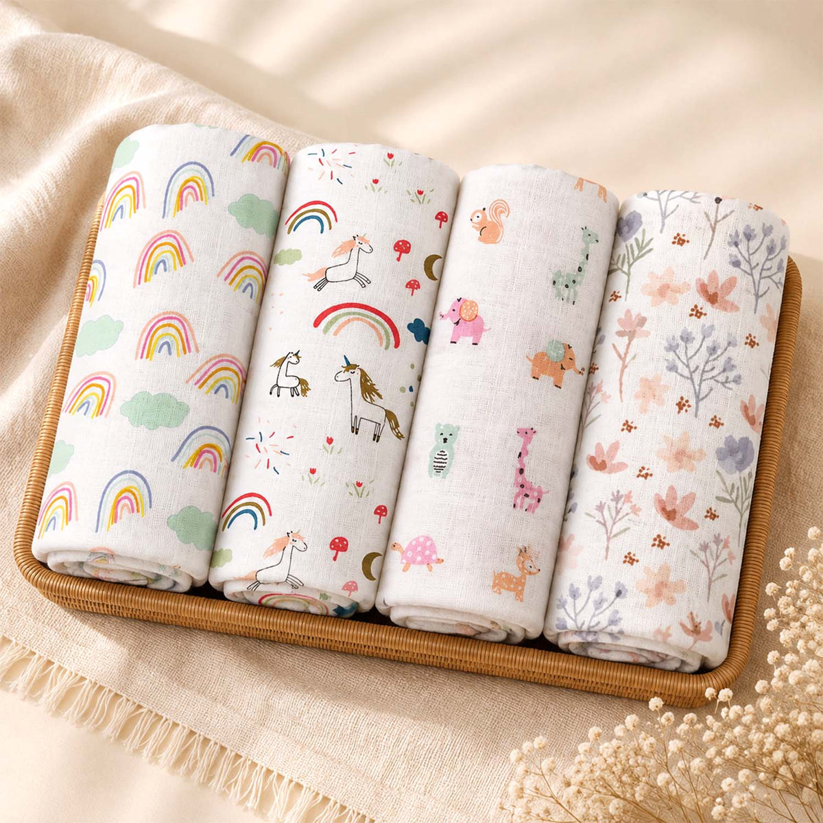 Organic Cotton Baby Muslin Cloth Swaddle | 0-12 Months | 100x100 CM | Rainbow, Unicorn, Cute Jungle, Blossom | Pack of 4