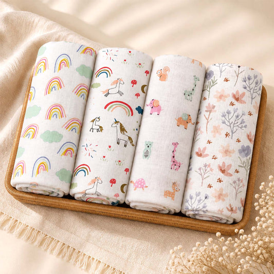 Organic Cotton Baby Muslin Cloth Swaddle | 0-12 Months | 100x100 CM | Rainbow, Unicorn, Cute Jungle, Blossom | Pack of 4