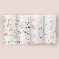 Organic Cotton Baby Muslin Cloth Swaddle | 0-12 Months | 100x100 CM | Rainbow, Unicorn, Cute Jungle, Blossom | Pack of 4