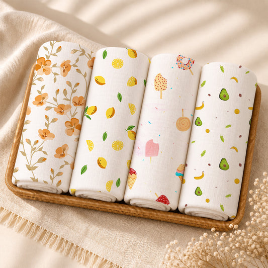 Organic Cotton Baby Muslin Cloth Swaddle | 0-12 Months | 100x100 CM | Lemon, Avocado, Icecream, Bloom | Pack of 4