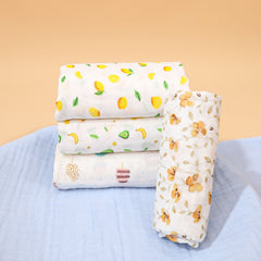 Organic Cotton Baby Muslin Cloth Swaddle | 0-12 Months | 100x100 CM | Lemon, Avocado, Icecream, Bloom | Pack of 4