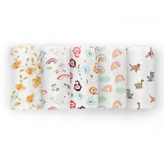 Organic Cotton Baby Muslin Cloth Swaddle | 0-12 Months | 100x100 CM | Bloom, Unicorn, Monkey, Rainbow, Dinosaur | Pack of 5