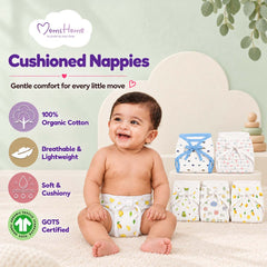 Printed Cushioned Nappies Combo | Organic Cotton Nappies For New Born Baby | 0-6 Months | Mixed Design/ Print | Pack of 5
