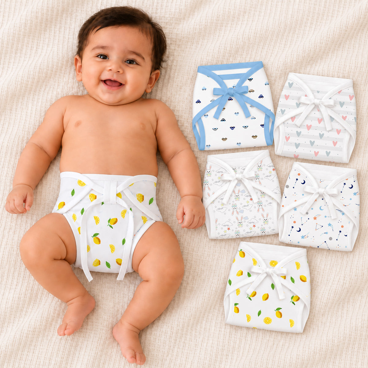 Printed Cushioned Nappies Combo | Organic Cotton Nappies For New Born Baby | 0-6 Months | Pack of 5 | Mixed Design/ Print
