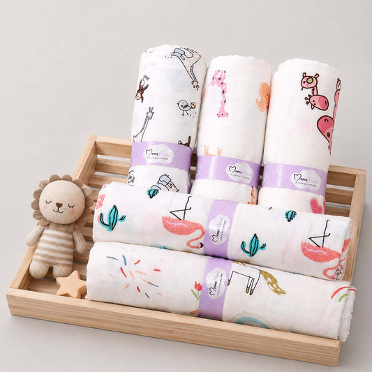 Baby Muslin Swaddle -100x100 cm - Pack of 5 - Animal | Mixed Design