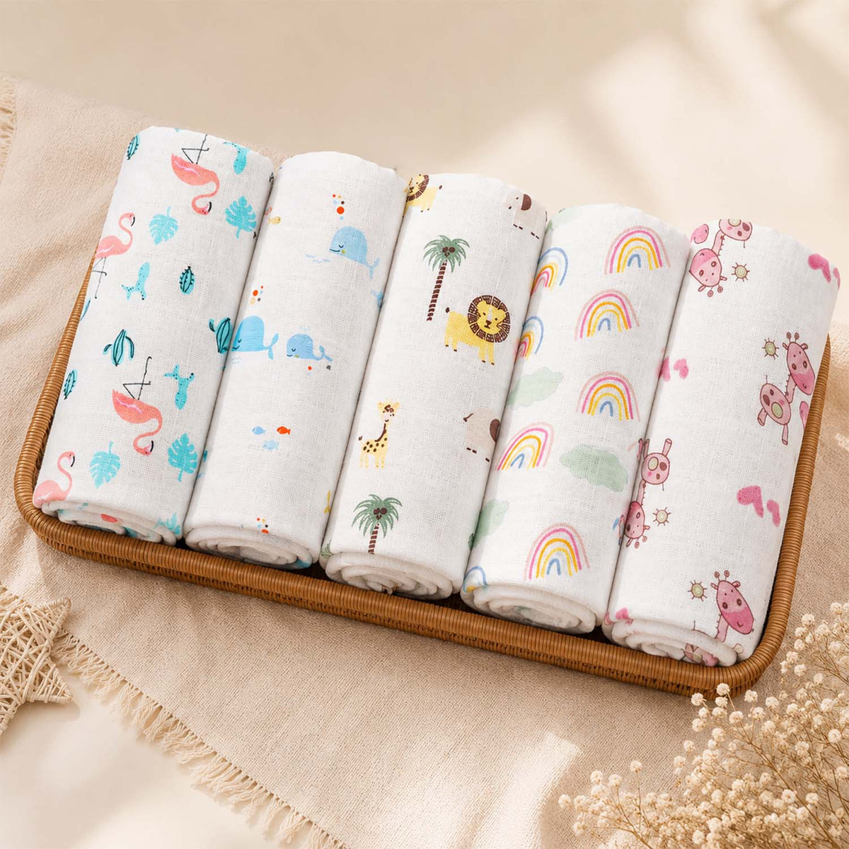 Organic Cotton Baby Muslin Cloth Swaddle | 0-12 Months | 100x100 CM | Flamingo, Blue Whale, Lion, Rainbow, Pink Giraffe | Pack of 5