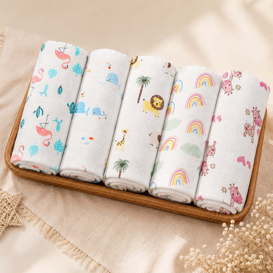 Organic Cotton Baby Muslin Cloth Swaddle | 0-12 Months | 100x100 CM | Flamingo, Blue Whale, Lion, Rainbow, Pink Giraffe | Pack of 5
