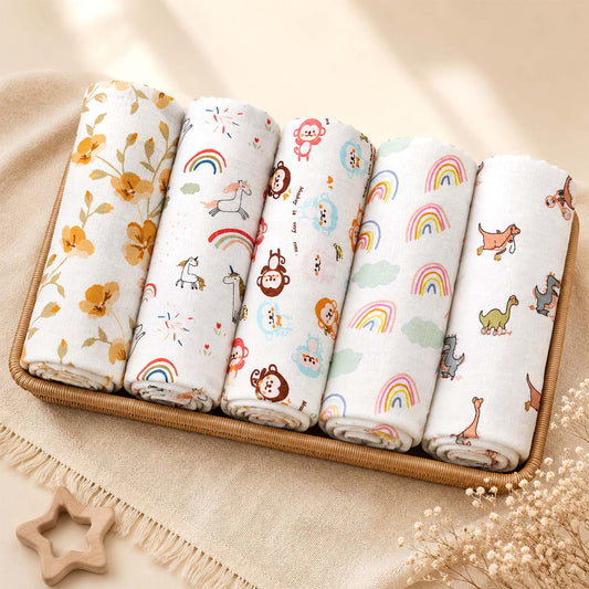 Organic Cotton Baby Muslin Cloth Swaddle | 0-12 Months | 100x100 CM | Bloom, Unicorn, Monkey, Rainbow, Dinosaur | Pack of 5