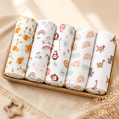 Organic Cotton Baby Muslin Cloth Swaddle | 0-12 Months | 100x100 CM | Bloom, Unicorn, Monkey, Rainbow, Dinosaur | Pack of 5