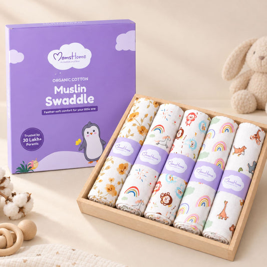 Organic Cotton Baby Muslin Cloth Swaddle | 0-12 Months | 100x100 CM | Bloom, Unicorn, Monkey, Rainbow, Dinosaur | Pack of 5