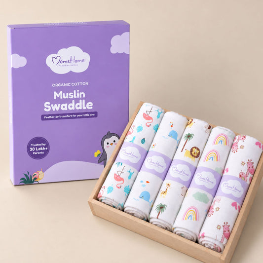 Organic Cotton Baby Muslin Cloth Swaddle | 0-12 Months | 100x100 CM | Flamingo, Blue Whale, Lion, Rainbow, Pink Giraffe | Pack of 5