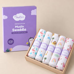 Organic Cotton Baby Muslin Cloth Swaddle | 0-12 Months | 100x100 CM | Flamingo, Blue Whale, Lion, Rainbow, Pink Giraffe | Pack of 5