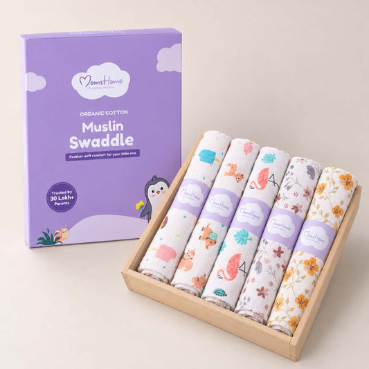 Baby Muslin Swaddle -100x100 cm - Pack of 5 - Animal | Mixed Design