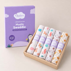 Baby Muslin Swaddle -100x100 cm - Pack of 5 - Animal | Mixed Design
