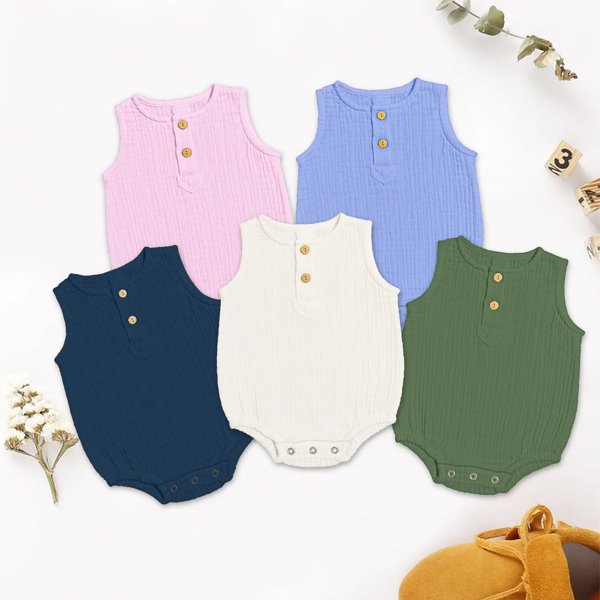 Organic Cotton Onesie For New Born Baby | White, Pink , Blue , Royal Blue , Green | Pack of 5