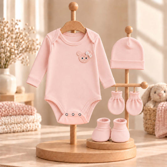 Organic Cotton Baby Full Sleeve Onesie with Cap, Mitten & Booties Set | Newborn Baby Clothing Set | Baby Shower Gift | 0-3 Months | Pack of 4