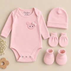 Organic Cotton Baby Full Sleeve Onesie with Cap, Mitten & Booties Set | Newborn Baby Clothing Set | Baby Shower Gift | 0-3 Months | Pack of 4