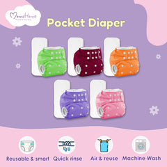 Baby Reusable Cotton Pocket Diapers With 5 Inserts, Adjustable 0-12 Months - Pack of 5