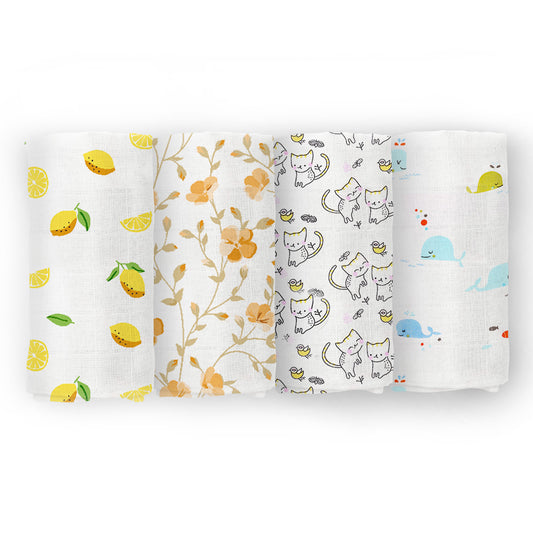 Organic Cotton Baby Muslin Cloth Swaddle | 0-12 Months | 100x100 CM | Lemon, Bloom, Cat, Whale | Pack of 4