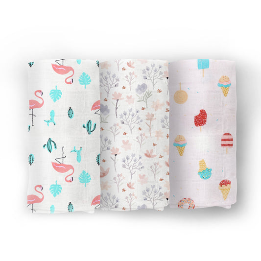 Organic Cotton Baby Muslin Cloth Swaddle | 0-12 Months | 100x100 CM | Flamingo, Blossom, Icecream | Pack of 3